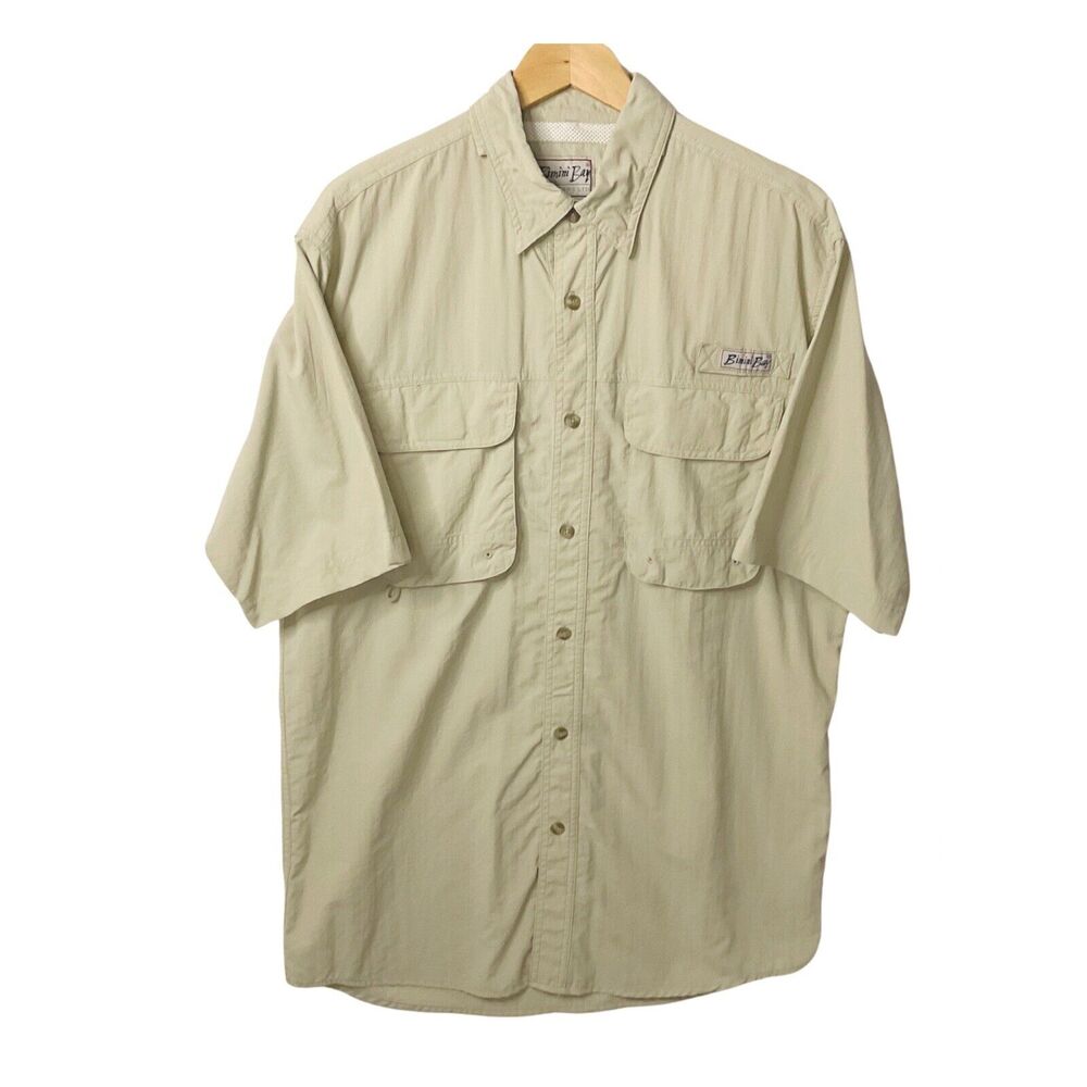 Mens Medium Camp Shirt Beach Summer Fishing Short Sleeve Button Up Tan Outdoors
